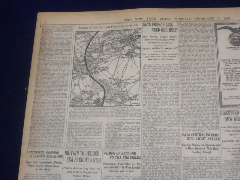 1916 FEBRUARY 15 NEW YORK TIMES - ARETHUSA IS HIT BY MINE, 10 DEAD - NT 9036
