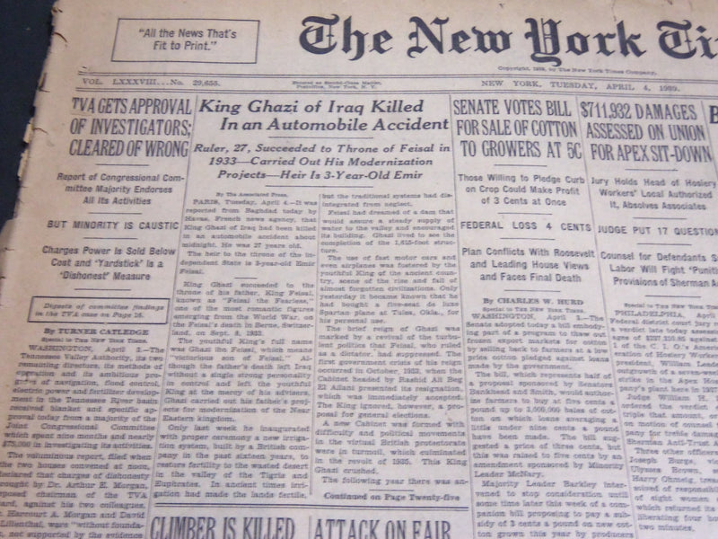 1939 APRIL 4 NEW YORK TIMES - KIND GHAZI OF IRAQ KILLED IN AUTO - NT 6844