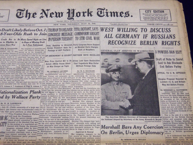 1948 JULY 22 NEW YORK TIMES - WEST WILLING TO DISCUSS ALL GERMANY - NT 137