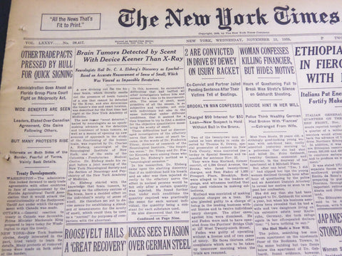 1935 NOVEMBER 13 NEW YORK TIMES - BRAIN TUMORS DETECTED BY SCENT - NT 4864