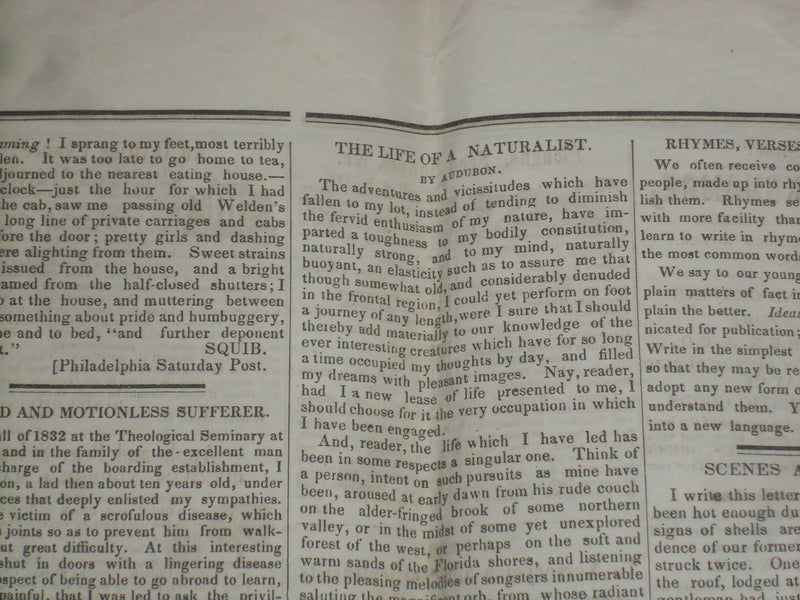 1847 APRIL 24 MASSACHUSETTS PLOUGHMAN NEWSPAPER - NATURALIST BY AUDUBON- NP 5145