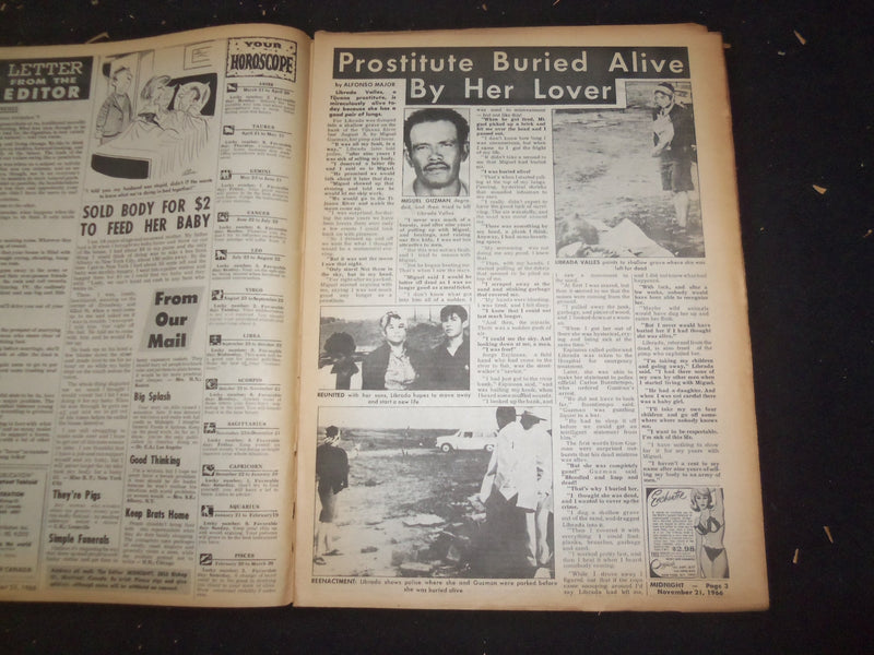 1966 NOV 21 MIDNIGHT NEWSPAPER - BURIED ALIVE FOR REFUSING TO SELL BODY- NP 7370