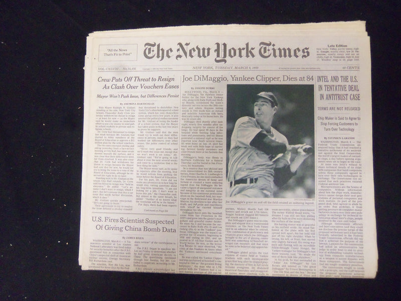 1999 MARCH 9 THE NEW YORK TIMES - JOE DIMAGGIO YANKEE CLIPPER DIED - NP 2152