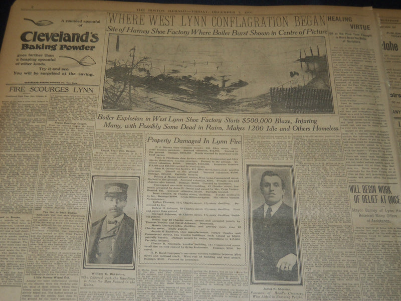 1906 DECEMBER 7 THE BOSTON HERALD - FIRE SWEEPS WEST LYNN MANY HEART - BH 116
