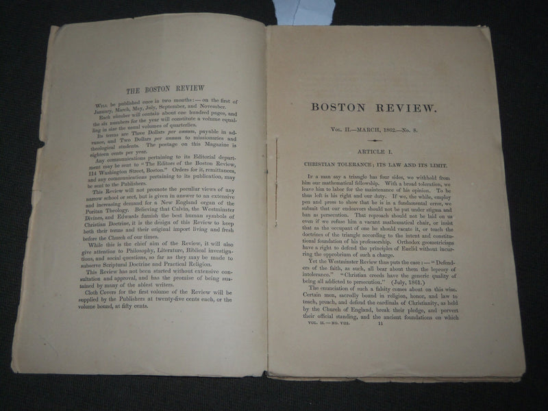 1862 MARCH THE BOSTON REVIEW MAGAZINE VOLUME 2 NO. 8 - J 2790