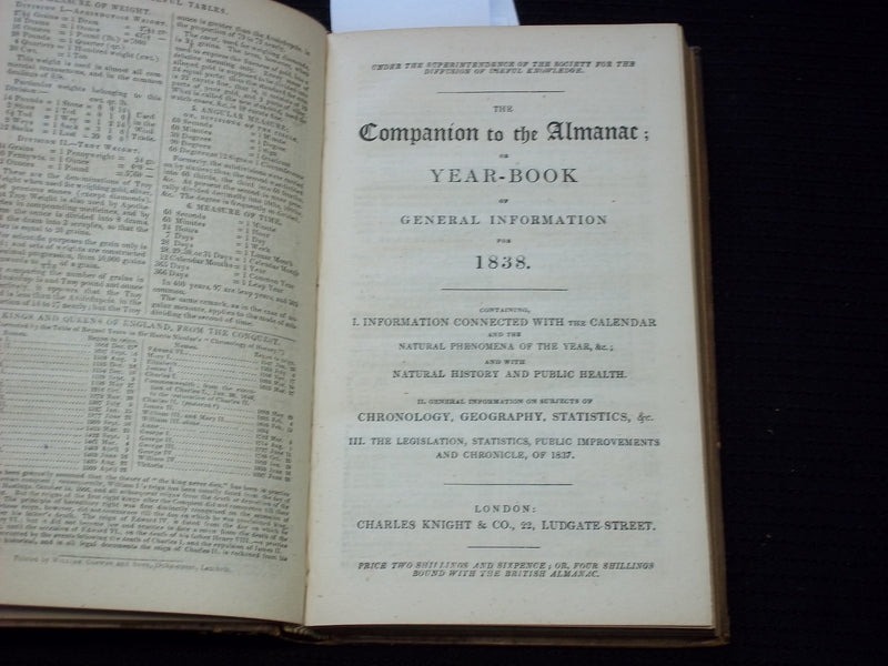1838 THE BRITISH ALMANAC AND COMPANION VOLUME - LONDON - KD 7591