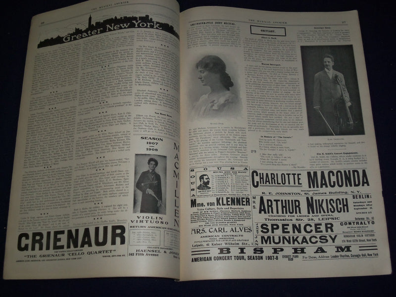 1908 JANUARY 15 MUSICAL COURIER MAGAZINE - FANNIE BLOOMFIELD-ZEISLER - J 1252