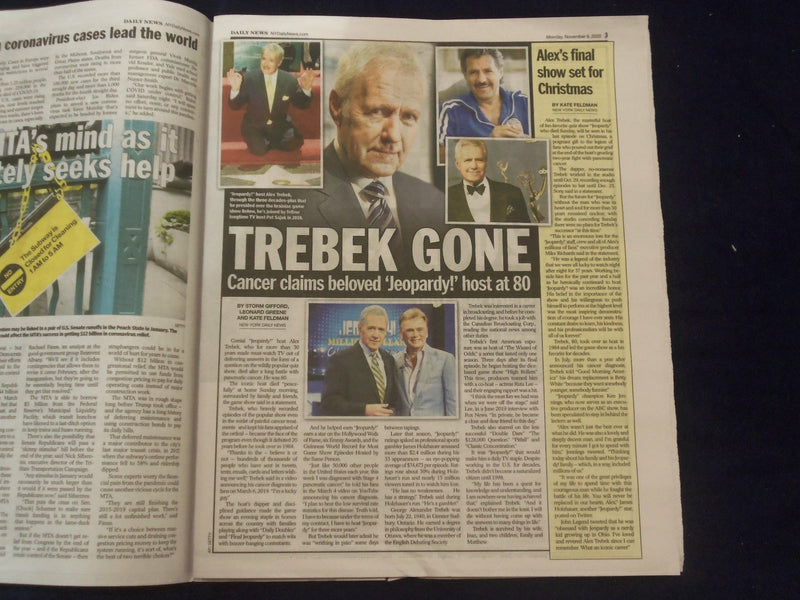 2020 NOVEMBER 9 NEW YORK DAILY NEWS NEWSPAPER - ALEX TREBEK DIED (1940-2020)