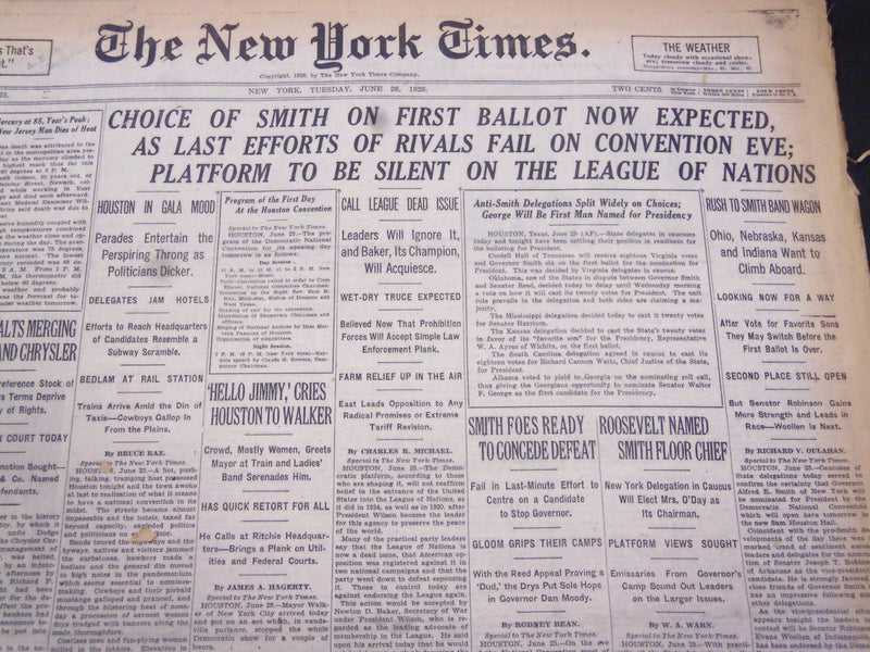 1928 JUNE 26 NEW YORK TIMES - CHOICE OF SMITH ON FIRST BALLOT EXPECTED - NT 5349