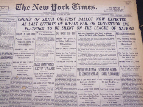 1928 JUNE 26 NEW YORK TIMES - CHOICE OF SMITH ON FIRST BALLOT EXPECTED - NT 5349