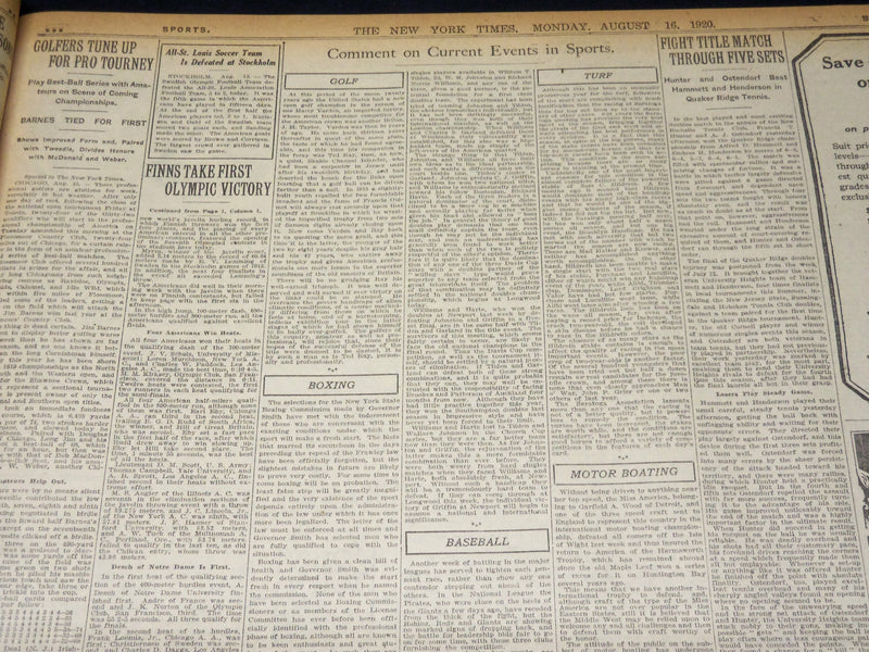 1920 AUG 16 NEW YORK TIMES - FINNISH FLAG IS RAISED FIRST OLYMPIC WIN - NT 8568