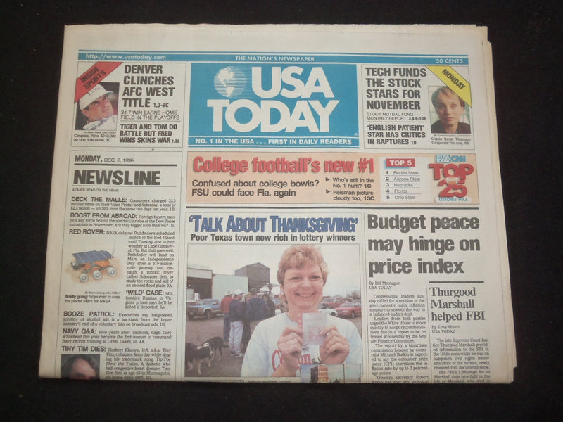 1996 DECEMBER 2 USA TODAY NEWSPAPER -BUDGET PEACE HINGES ON PRICE INDEX- NP 7837