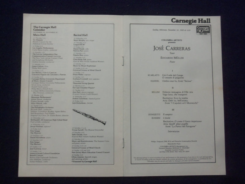 1980 NOVEMBER 30 JOSE CARRERAS SIGNED PROGRAM
