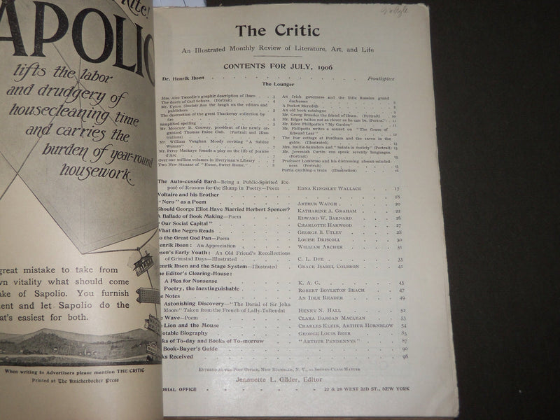 1906 JULY THE CRITIC MAGAZINE - IBSEN NUMBER - NICE ADS - J 3469