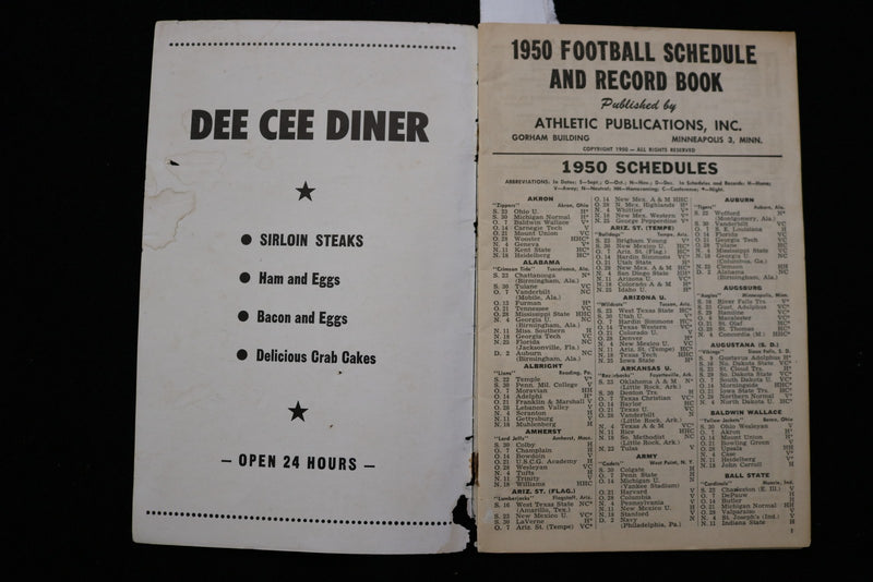 1950 DEE CEE DINER FOOTBALL SCHEDULES-RECORDS - K 2840