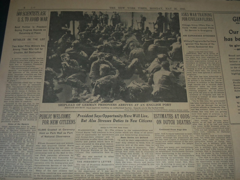 1940 MAY 20 NEW YORK TIMES - FIERCE BATTLE OF TANKS RAGES ST. QUENTIN - NP 3611