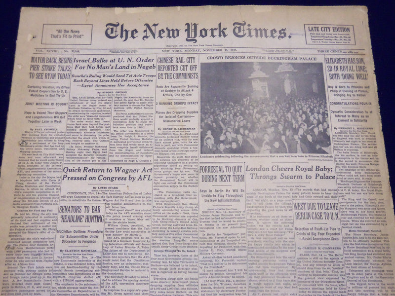 1948 NOV 15 NEW YORK TIMES NEWSPAPER - ELIZABETH HAS SON 2D ROYAL LINE - NT 16