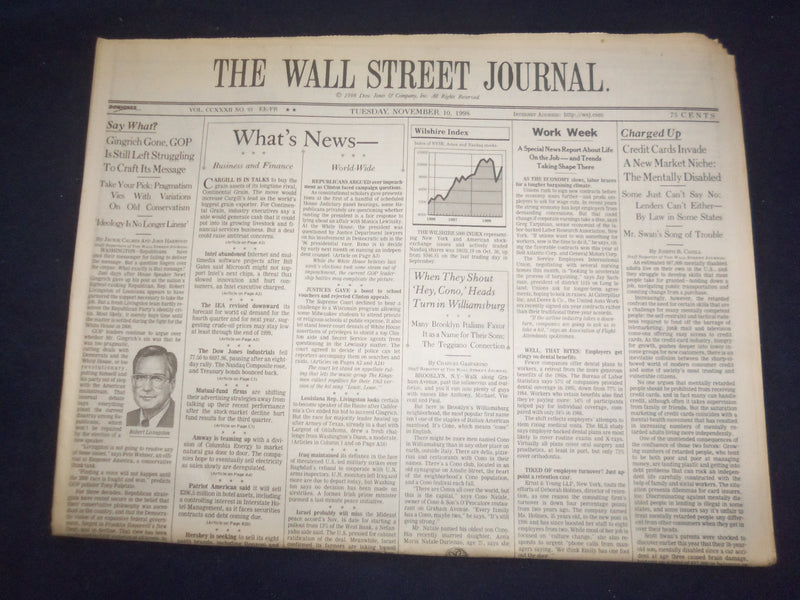 1998 NOV 10 THE WALL STREET JOURNAL - NEWT GINGRICH OUT AS HIGH RANKING - WJ 78