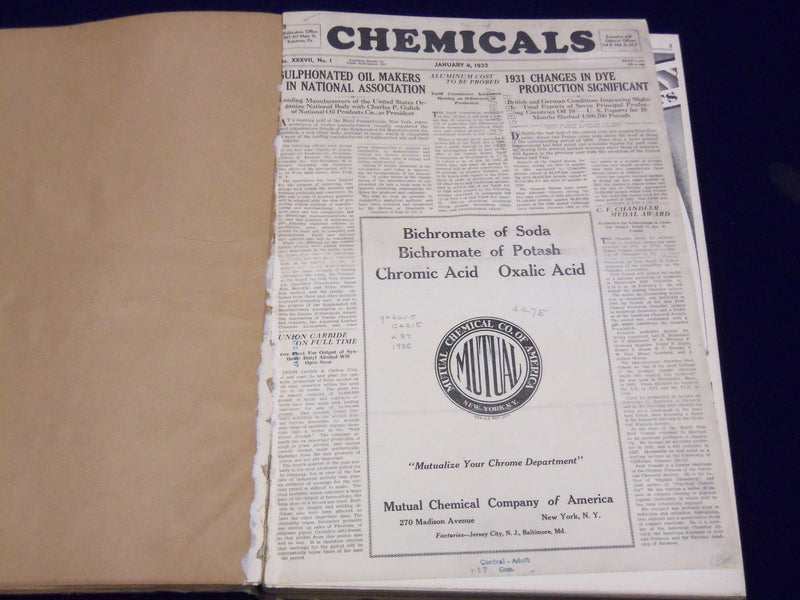 1932 JAN-DEC CHEMICALS MAGAZINE BOUND VOLUME PRICE TRENDS IMPORTS ADS - KD 662