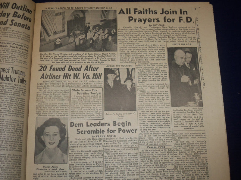 1945 APRIL 16 NEW YORK DAILY MIRROR - F. D. ROOSEVELT IS LAID TO REST - NP 1801