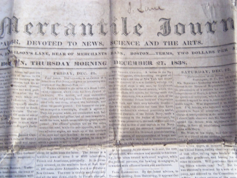 1837-1838 BOSTON MERCANTILE JOURNAL NEWSPAPER LOT OF 2 - NP 614A