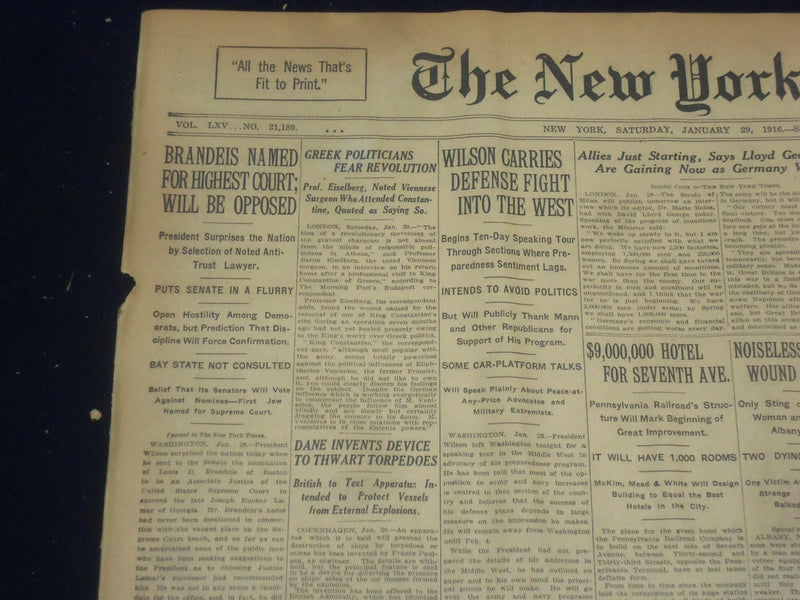1916 JANUARY 29 NEW YORK TIMES - BRANDEIS NAMED FOR HIGHEST COURT - NT 9063