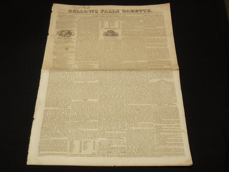 1839 OCTOBER 5 BELLOWS FALLS GAZETTE NEWSPAPER - VERMONT - NP 3297G