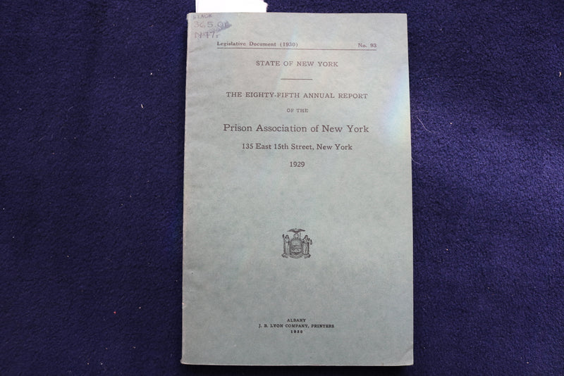 1929 PRISON ASSOCIATION OF NEW YORK ANNUAL REPORT SOFTCOVER BOOK - K 864