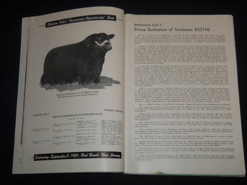 1951-1952 SHADOW ISLE'S ALL PRINCE ERIC CALF & COWSALE CATALOG LOT OF 2 - J 9239