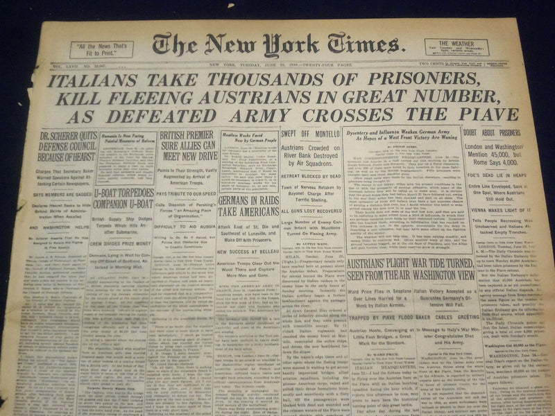 1918 JUNE 25 NEW YORK TIMES - ITALIANS TAKE THOUSANDS OF PRISONERS - NT 9095