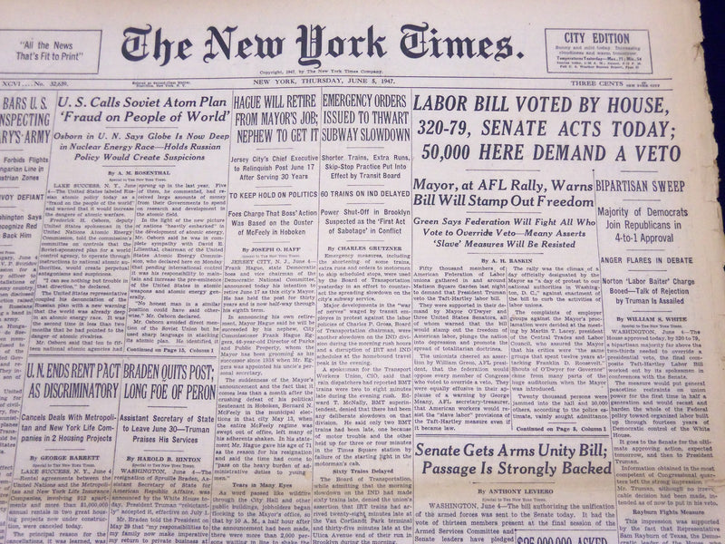 1947 JUNE 5 NEW YORK TIMES - LABOR BILL VOTED BY HOUSE 320-79 - NT 115