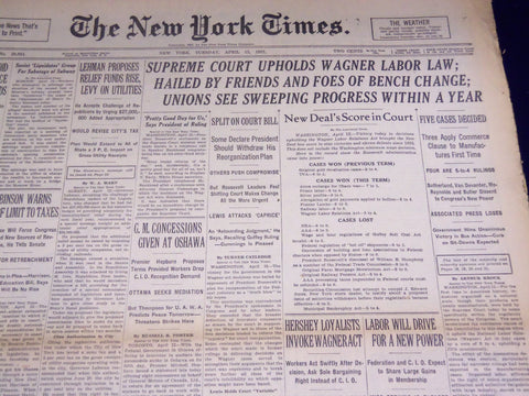 1937 APRIL 13 NEW YORK TIMES - SUPREME COURT UPHOLDS WAGNER LABOR LAW - NT 2783