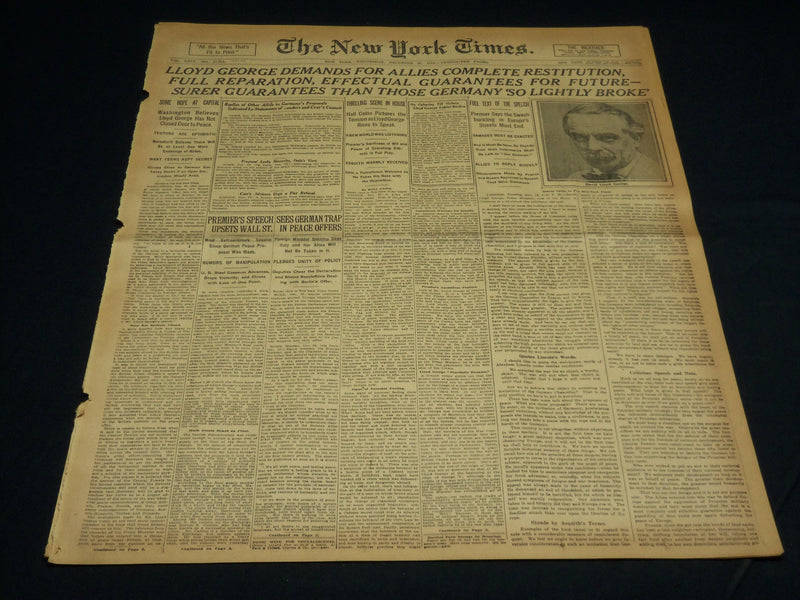 1916 DEC 16 NEW YORK TIMES - LLOYD GEORGE DEMANDS COMPLETE RESTITUTION - NT 8651