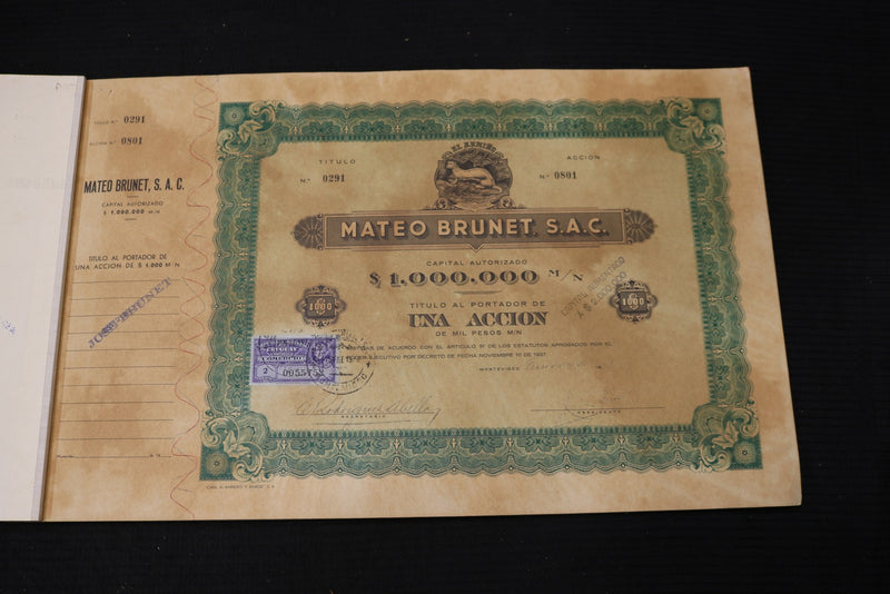 1938 MATEO BRUNET STOCK CERTIFICATE BOOK - URUGUAY - KD 3351F