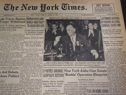 1950 APRIL 21 NEW YORK TIMES - LATTIMORE ACCUSED BY BUDENZ AS A RED - NT 4733