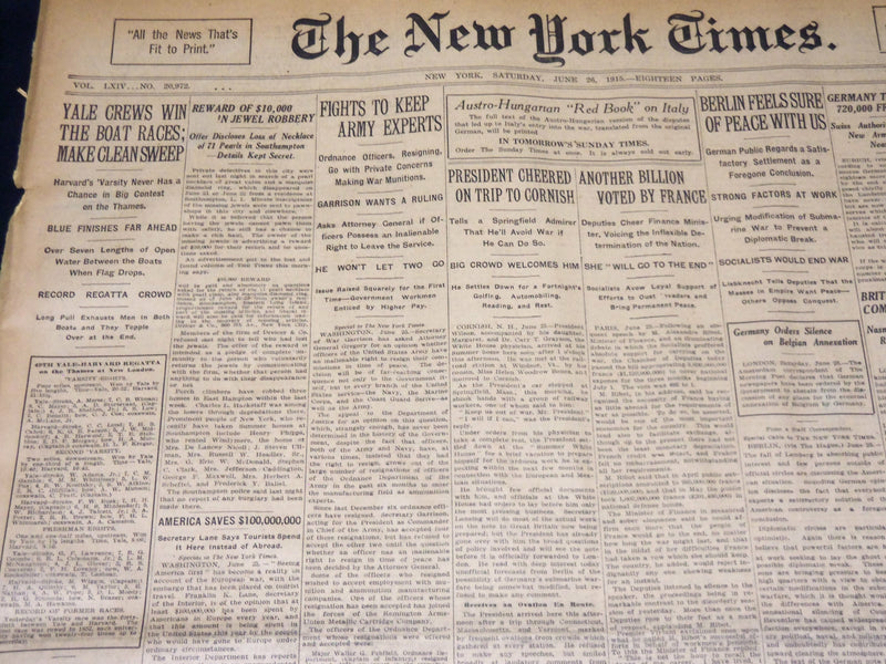 1915 JUNE 26 NEW YORK TIMES NEWSPAPER- YALE BOAT CREW MAKES CLEAN SWEEP- NT 7708