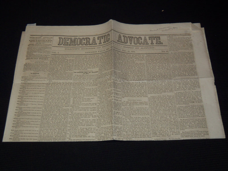 1852 DECEMBER 23 DEMOCRATIC ADVOCATE NEWSPAPER - PRES. PIERCE - MAINE - NP 2152K