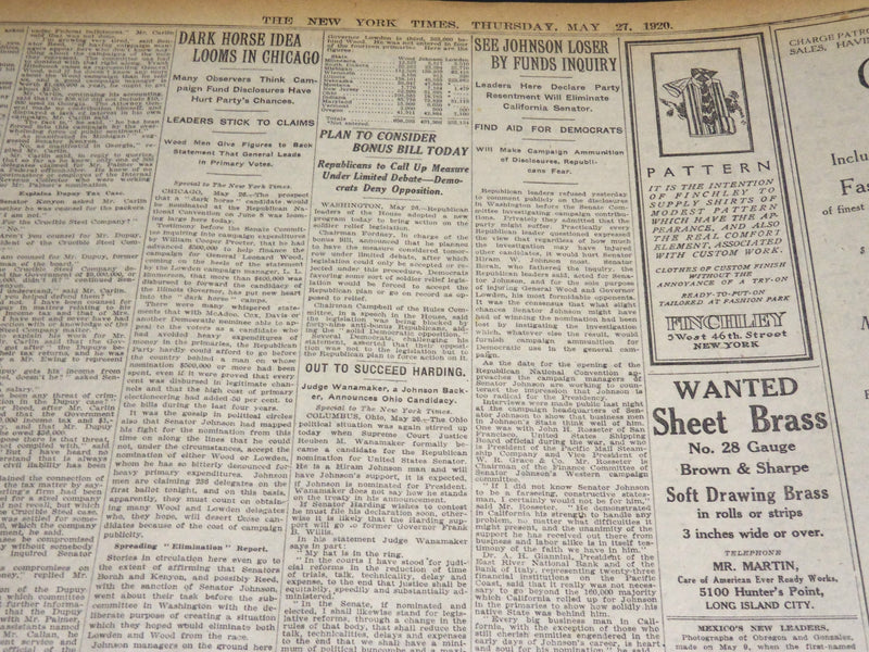 1920 MAY 27 NEW YORK TIMES NEWSPAPER - RODOLFO HERRERA GIVES UP - NT 8681