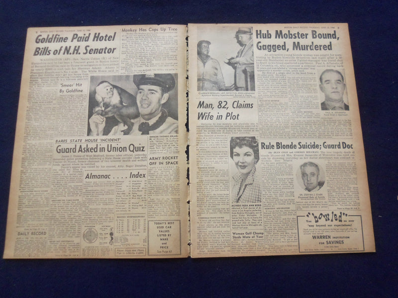 1958 JUNE 12 BOSTON RECORD AMERICAN NEWSPAPER-HUB THUG BOUND AND SLAIN - NP 6273