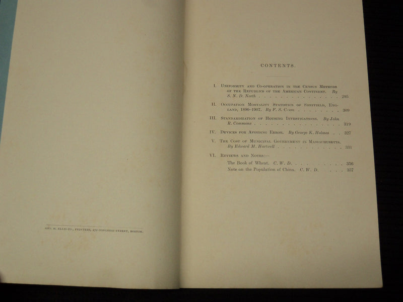 1908 DECEMBER AMERICAN STATISTICAL ASSOCIATION QUARTERLY MAGAZINE - K 1062