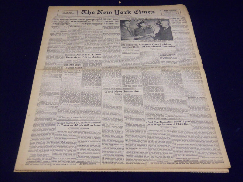 1947 JULY 11 NEW YORK TIMES - HOUSE PASSES SUCCESSION BILL - NT 1409