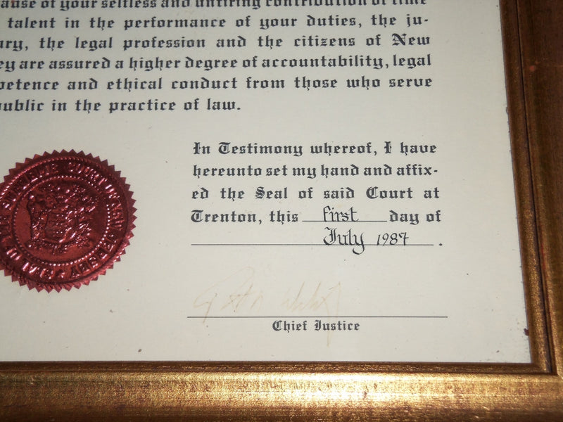1987 NJ CHIEF JUSTICE ROBERT WILENTZ SIGNED CERTIFICATE FRAMED PHOTO 10 1/2 X 14
