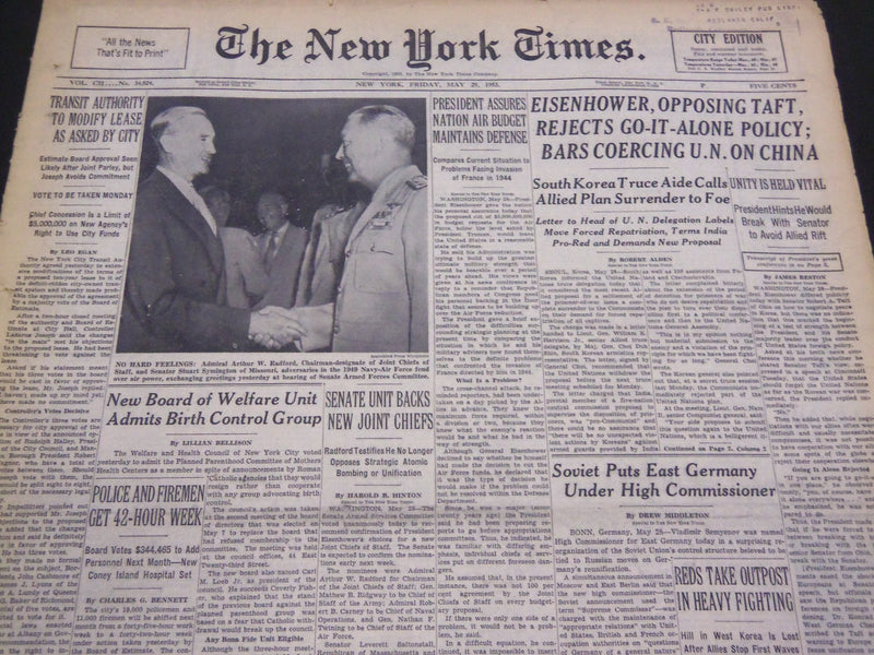 1953 MAY 29 NEW YORK TIMES - EISENHOWER OPPOSES TAFT ON GO ITALINE - NT 4482