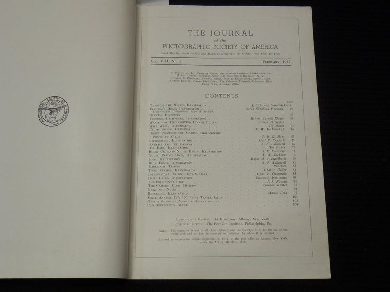 1942 THE JOURNAL OF THE PHOTOGRAPHIC SOCIETY OF AMERICA LOT OF 3 ISSUES - K 2624