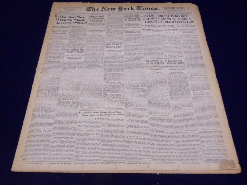 1938 SEPTEMBER 18 NEW YORK TIMES NEWSPAPER - CZECHS DECREE MARTIAL LAW - NT 2471