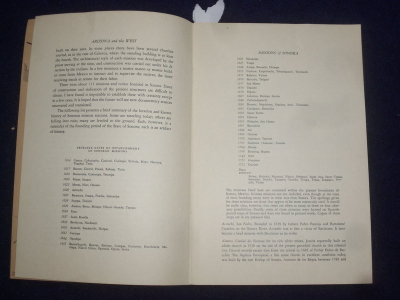 1960'S MISSIONS OF SONORA SOFTCOVER BOOK BY GEORGE G. ECKHART - J 9654