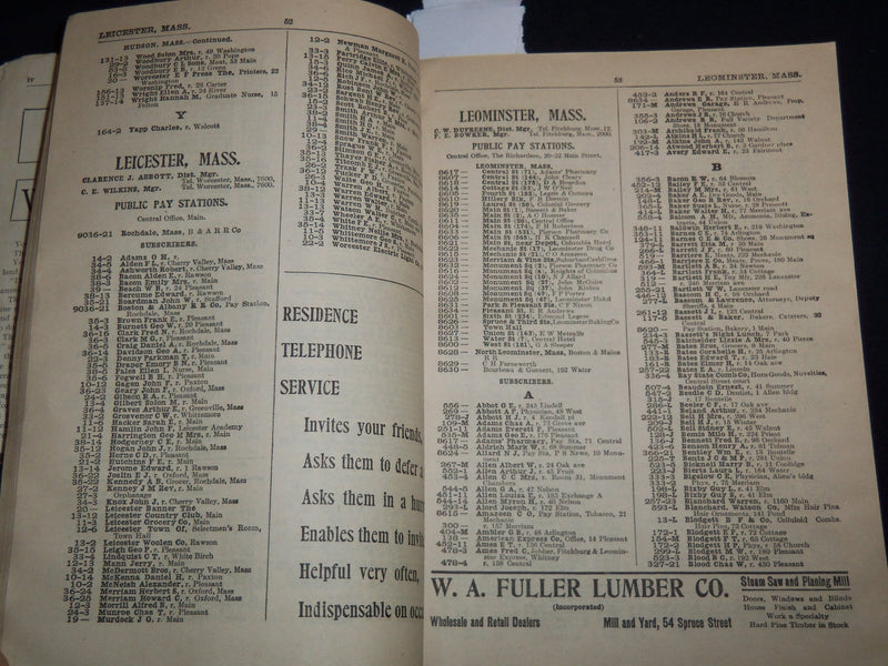 1909 NEW ENGLAND TELEPHONE & TELEGRAPH CO. WEST CENTRAL PHONE BOOK - J 8817