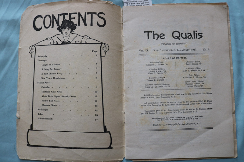 1917 JAN THE QUALIS - MISSES ANABLE'S SCHOOL SOFTCOVER-NEW BRUNSWICK,NJ - K 3347