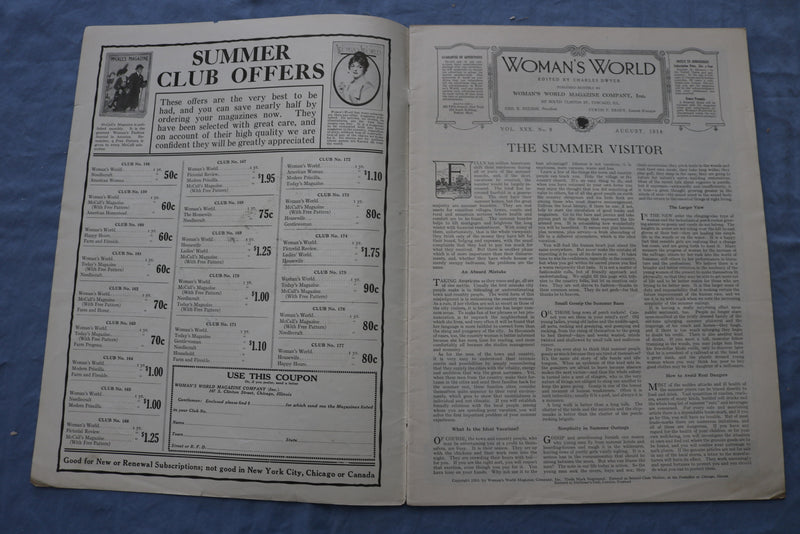 1914 AUGUST WOMAN'S WORLD MAGAZINE - ILLUSTRATIONS/STORIES/ADS - SP 4783L
