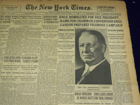 1936 JUNE 13 NEW YORK TIMES - KNOX NOMINATED FOR VICE PRESIDENT - NT 2108